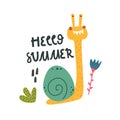 Hello summer. cartoon snail, flowers, hand drawing lettering, decor elements. Summer colorful vector illustration, flat style.