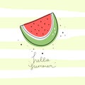 Hello summer. Cartoon watermelon, hand drawing lettering, decor elements. Summer colorful vector illustration, flat style. Royalty Free Stock Photo