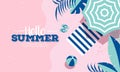 Hello Summer celebration banner or poster design with top view of beach elements.