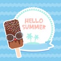 Hello Summer chocolate ice cream, ice lolly, Kawaii with pink cheeks and winking eyes, pastel colors card design, banner template Royalty Free Stock Photo