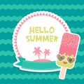 Hello Summer chocolate ice cream, ice lolly, Kawaii with sunglasses pink cheeks and winking eyes, pastel colors card design, banne Royalty Free Stock Photo