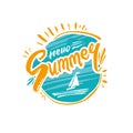 Hello Summer. Circle of sea and sun with calligraphic thematic logo. Vector handwritten inscription.