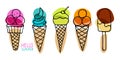 Hello summer. Collection of Ice Cream. Different ice screm types. Hand drawn sketch. Delicious frozen dessert. Bright summertime