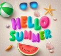 Hello summer colorful text vector banner in the beach with elements