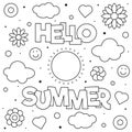 Hello summer. Coloring page. Vector illustration. Sun, clouds, flowers.