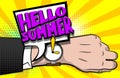 Hello summer comic text pop art hand watch Royalty Free Stock Photo