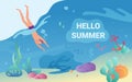 Hello summer concept with swimmer in underwater sea bottom