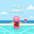 Hello summer concept vector illustration. Woman in pink bikini swimsuit Is in swimming pool with fruit drink. She has full relaxat Royalty Free Stock Photo