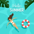 Hello summer concept vector illustration. Woman in white bikini swimming in the pool on vacation holiday.