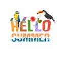 Hello summer. Creative letters. Tropical birds and leaves. Royalty Free Stock Photo