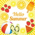 Hello summer. Cute background with beach stuff and summer fruits.