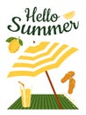 Hello summer. Cute poster with tropical lemon, citrus lemonade, flip flops and sun umbrella. Royalty Free Stock Photo