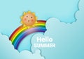 Hello summer with cute sunny and paper art sky background and pastel color scheme vector illustration