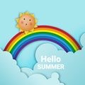 Hello summer with cute sunny and paper art sky background and pastel color scheme vector illustration