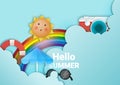 Hello summer with cute sunny and paper art sky background and pastel color scheme vector illustration