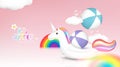 Hello, summer decorated with unicorn inflatable pool, beach ball, rainbow, clouds on pink background. Royalty Free Stock Photo