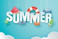 Hello summer with decoration origami hanging on blue sky background. Paper art and craft style. Vector illustration of life ring,