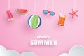 Hello summer with decoration origami hanging on pink background. Paper art and craft style Royalty Free Stock Photo