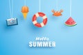 Hello summer with decoration origami hanging on the sky background. Paper art and craft style. Vector illustration of life Royalty Free Stock Photo