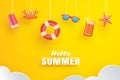 Hello summer with decoration origami hanging on yellow background. Paper art and craft style Royalty Free Stock Photo