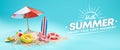 Hello Summer Design Banner Vacation Concept. Beach Umbrella Blue Backdground 3D Rendering Royalty Free Stock Photo