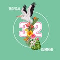 Hello Summer Design with Tropical Plants and Birds. Summertime Card with Exotic Flowers and Pelicans. Floral Background