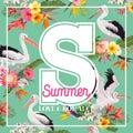 Hello Summer Design with Tropical Plants and Birds. Summertime Card with Exotic Flowers and Pelicans. Floral Background