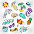 Hello Summer Doodle. Beach Vacation Stickers, Badges and Patches with Sun, Dolphin and Cocktail