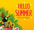 Hello Summer Enjoy Every Moment Poster with Toucan, Palm Tree Leaves