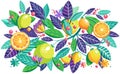 Hello Summer event lemon branch with leaves decoration, colorful pattern, Birthday, Holiday, Wedding, Home Decor Illustration sign Royalty Free Stock Photo