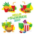 Hello summer. Fast food vector stickers with leafs on white background.