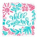 Hello Summer Floral Poster with Frame. Tropical Exotic Flowers Design for Sale Banner, Flyer, Brochure, Fabric Print Royalty Free Stock Photo