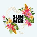 Hello Summer Floral Poster with Golden Frame. Tropical Exotic Flowers Design for Sale Banner, Flyer, Brochure, Fabric Royalty Free Stock Photo