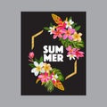 Hello Summer Floral Poster with Golden Frame. Tropical Exotic Flowers Design for Sale Banner, Flyer, Brochure, Fabric Royalty Free Stock Photo