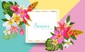 Hello Summer Floral Poster. Tropical Exotic Flowers Design for Sale Banner, Flyer, Brochure, Certificate, Fabric Print