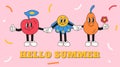 Hello Summer fruit in retro cartoon style