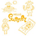 Hello summer. Funny cartoon pineapples have fun summer time, sunbathe, bathe, eat ice cream