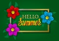 Hello summer golden and orange gradient lettering on green background in golden frame with colorful flowers Royalty Free Stock Photo