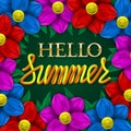 Hello summer golden and yellow gradient plastic lettering on green background in floral frame Royalty Free Stock Photo