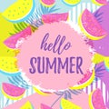 HELLO SUMMER greeting banner. Seamless Watermelon Pattern isolated on geometrci pop art background. Royalty Free Stock Photo