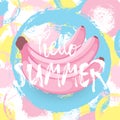 Hello Summer greeting card with Banana flat style. Hand drawn Hello Summer lettering on sketchy ink background.