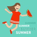 Hello summer greeting card. Girl jumping Happy child jump. Cute cartoon laughing character in red dress holding watermelon slice. Royalty Free Stock Photo