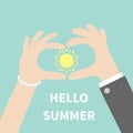 Hello summer Greeting card. Man woman hands holding sun icon. Royalty Free Stock Photo