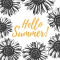 Hello summer greeting card with sunflowers. Royalty Free Stock Photo