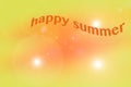 Hello Summer greeting card with text on yellow orange abstract background.