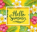 Hello Summer Greeting Inside Frame Creative Design with Flowers and Palm Tree Leaves Royalty Free Stock Photo