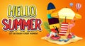 Hello Summer Greeting Text in Orange Background Banner with Realistic Toucan, Flamingo, Watermelon, Surfboard