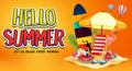 Hello Summer Greeting Text in Orange Background Banner with Realistic Toucan