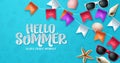 Hello summer greeting vector design. Summer text in blue space Royalty Free Stock Photo