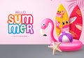 Hello summer greeting vector design. Summer hello text with flamingo floaters, crab and fish